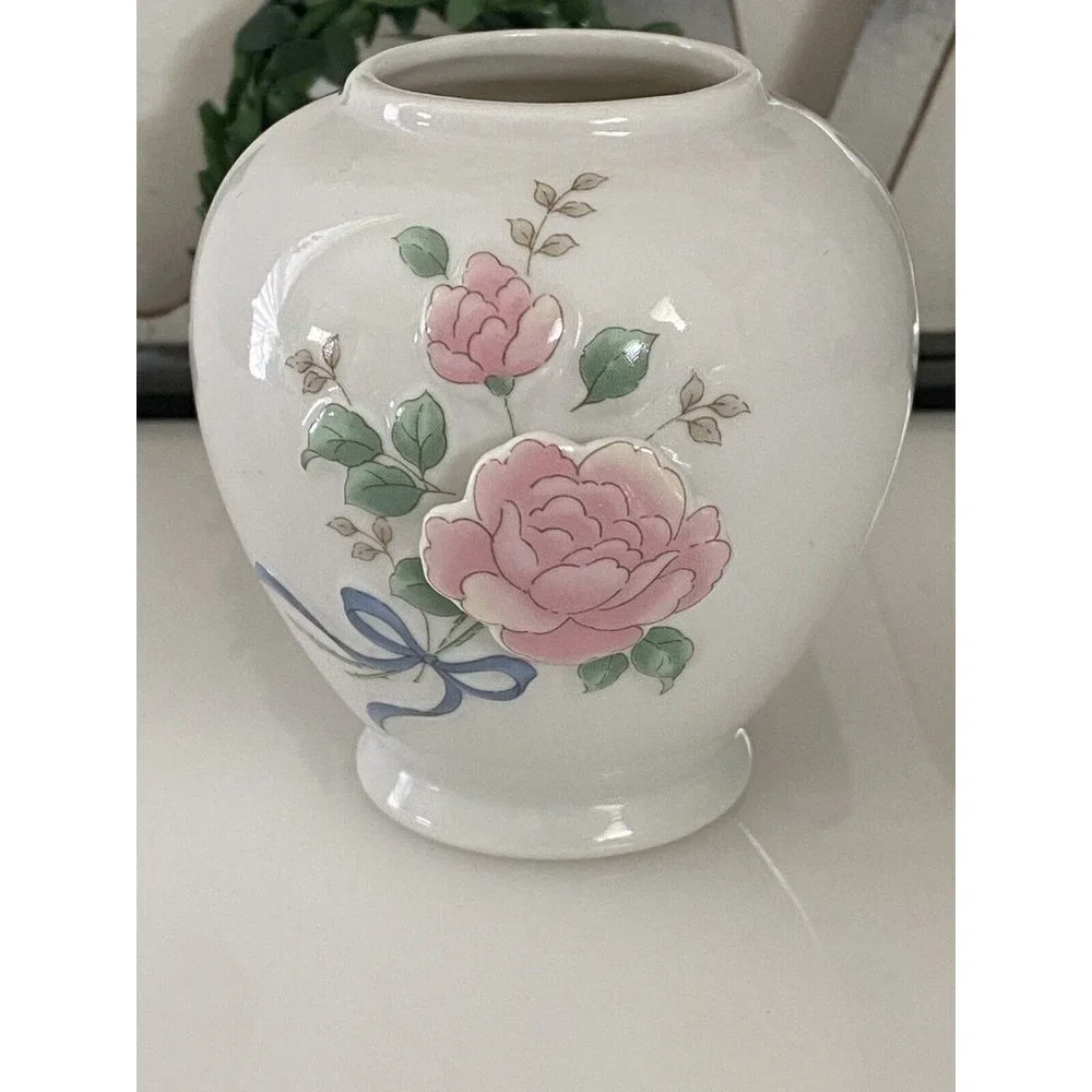 Vintage Japan Mini Vase 3D Raised Roses Porcelain Collectible White and Pink EUC